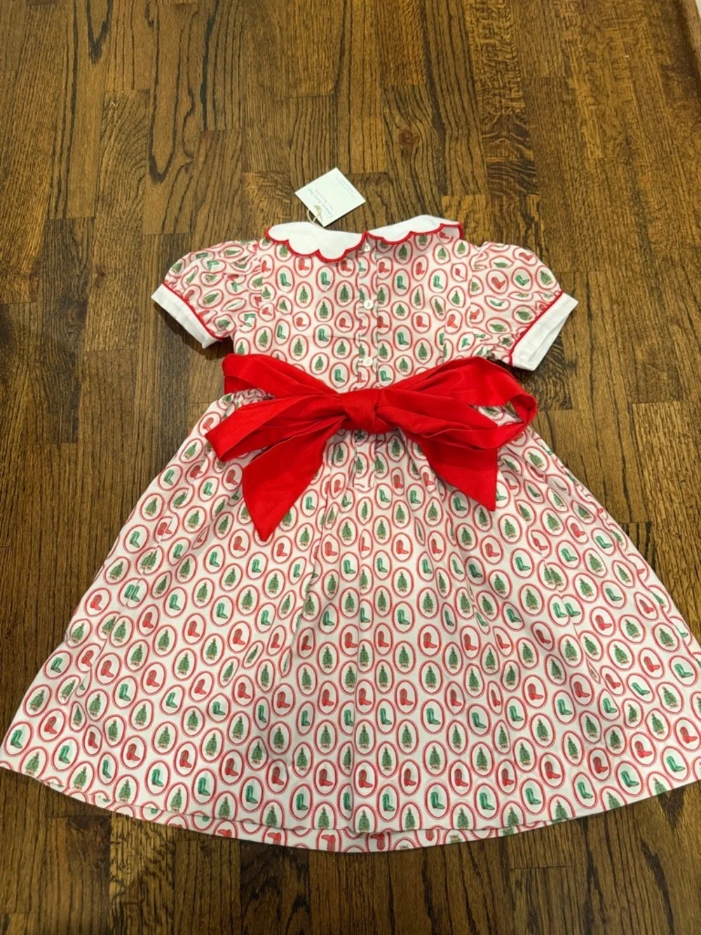 Girls Red & Green Holiday Boot & Christmas Tree Prin Dress with Scalloped Collar